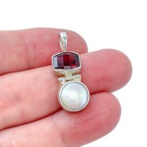 Estate Sterling Silver 925 Pearl Garnet Hinge Pendant